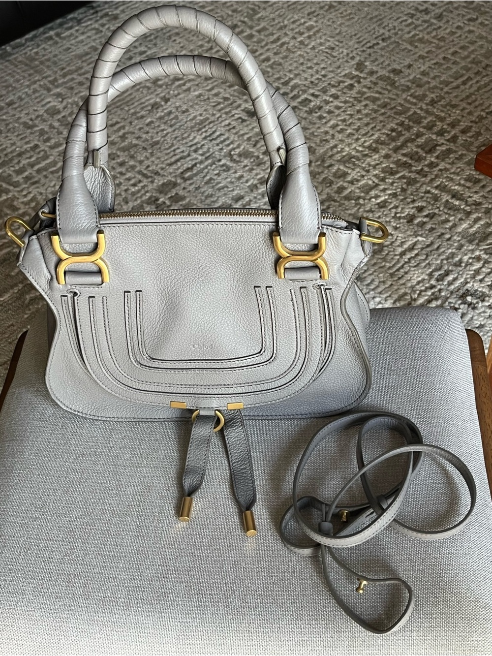 Chloe Marcie Cashmere Gray Calf Leather Satchel with Gold Hardware